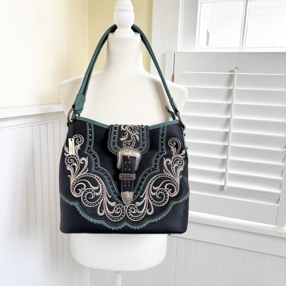 Montana West Black & Turquoise American Bling Buckle Embroidered Tote Bag NEW